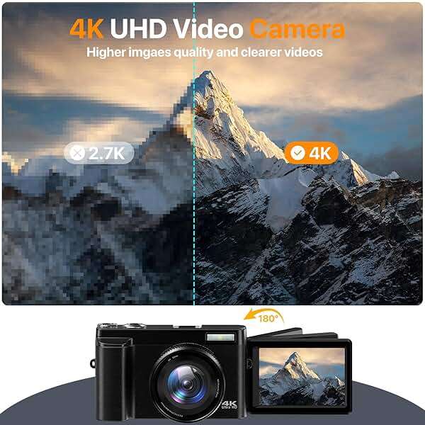 4K Digital Camera for Photography Auto-Focus Vlogging Camera for YouTube Video with 3'' 180° Flip Screen 16X Anti-Shake 4K Camera Compact Cameras with SD Card, Flash, 2 Batteries - Image 3