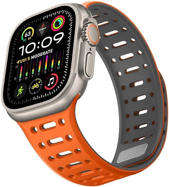 ZZDZZ Compatible with Apple Watch Band 49mm 46mm 45mm 44mm 42mm 41mm 40mm 38mm, Magnetic Silicone Sport Breathable Strap for iWatch Ultra 3/2/1 SE3 Series 11 10 9 8 7-1 (49/46/45/44/42, Orange/Gray) - Product Image