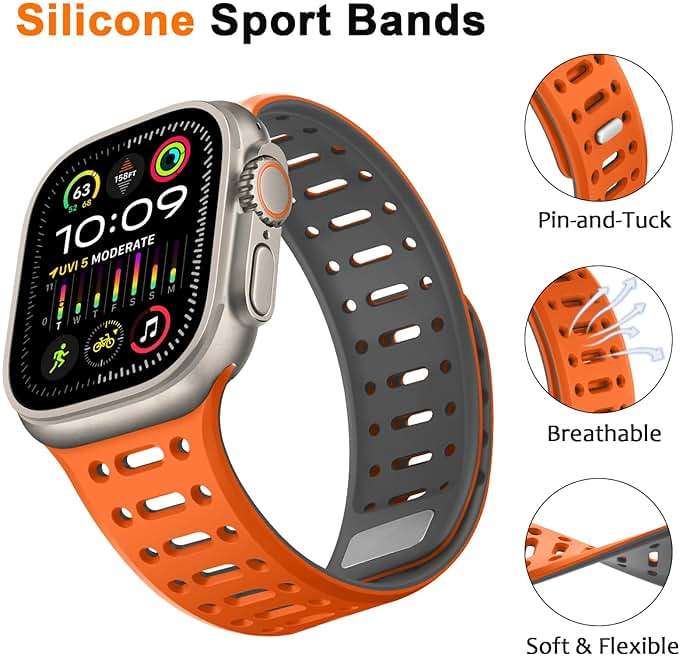 ZZDZZ Compatible with Apple Watch Band 49mm 46mm 45mm 44mm 42mm 41mm 40mm 38mm, Magnetic Silicone Sport Breathable Strap for iWatch Ultra 3/2/1 SE3 Series 11 10 9 8 7-1 (49/46/45/44/42, Orange/Gray) - Image 3