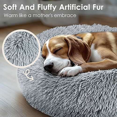 Hoewina Dog & Cat Bed for Indoor Cats, 20in Calming Donut Bed for Puppy and Kitten, Washable Round Fluffy Pet Bed for Small Medium Dogs and Cats (Light Grey) - Image 4