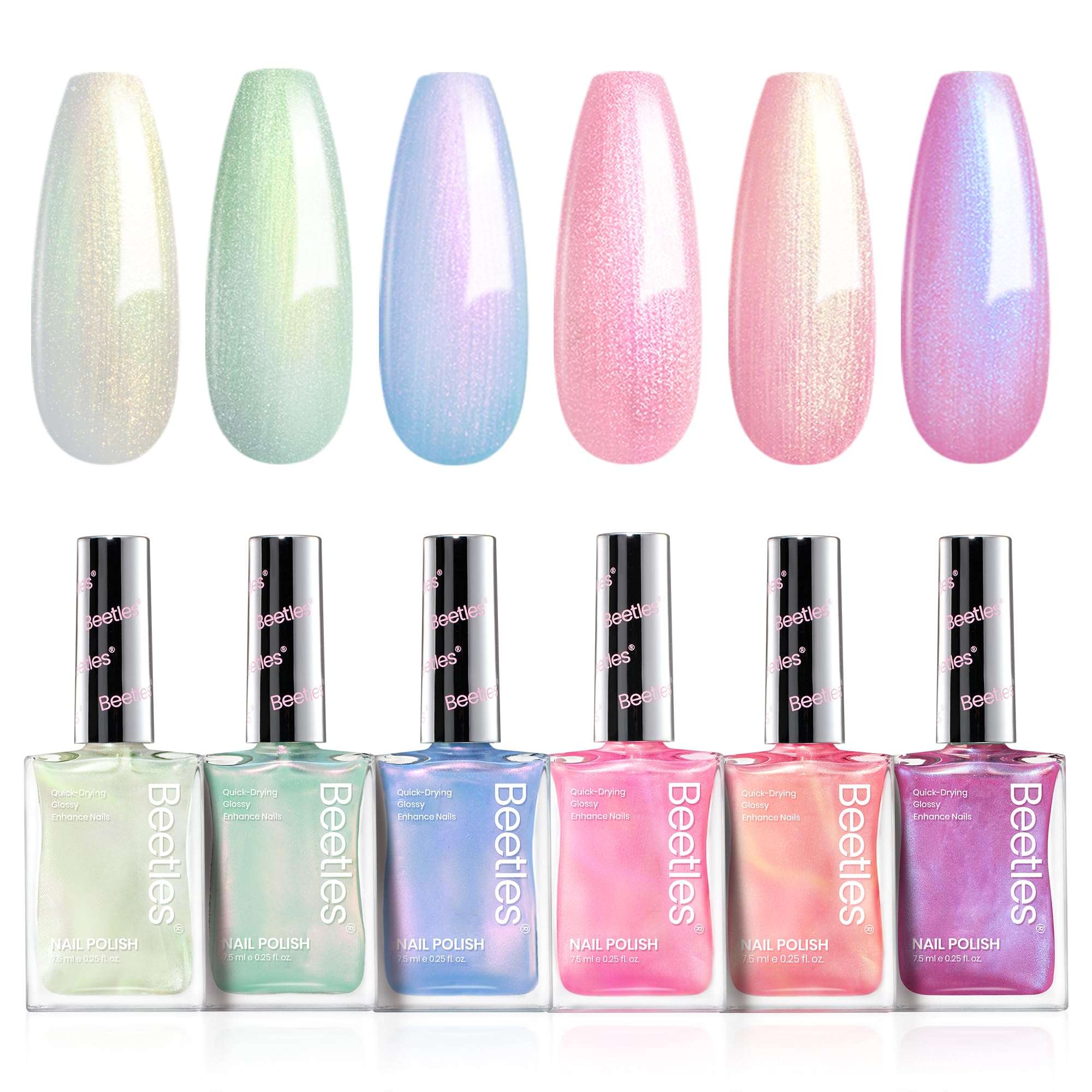 Beetles Pearl Nail Polish Set Mermaid Glow, 6 Colors Shimmer Pearl Pink Purple Quick Dry Nail Polish Long Lasting DIY Manicure Gift for Girls Women Nail Strengthener Polish - Image 1