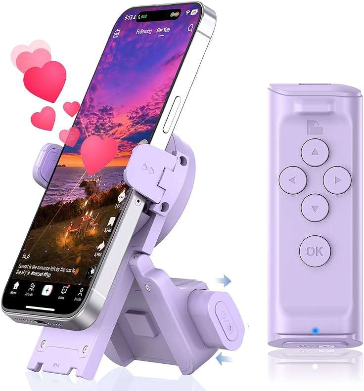 MILOUZ Remote Control Scrolling for Tiktok with Phone Stand,Page Turner for Kindle App E-Book,Bluetooth Camera Shutter Remote for iPhone, Android,iOS,iPad,Tablet (Purple) - Image 1