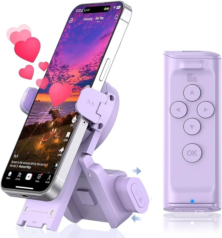 MILOUZ Remote Control Scrolling for Tiktok with Phone Stand,Page Turner for Kindle App E-Book,Bluetooth Camera Shutter Remote for iPhone, Android,iOS,iPad,Tablet (Purple) - Product Image