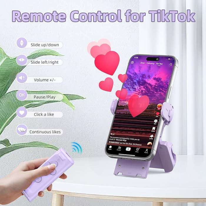 MILOUZ Remote Control Scrolling for Tiktok with Phone Stand,Page Turner for Kindle App E-Book,Bluetooth Camera Shutter Remote for iPhone, Android,iOS,iPad,Tablet (Purple) - Image 2