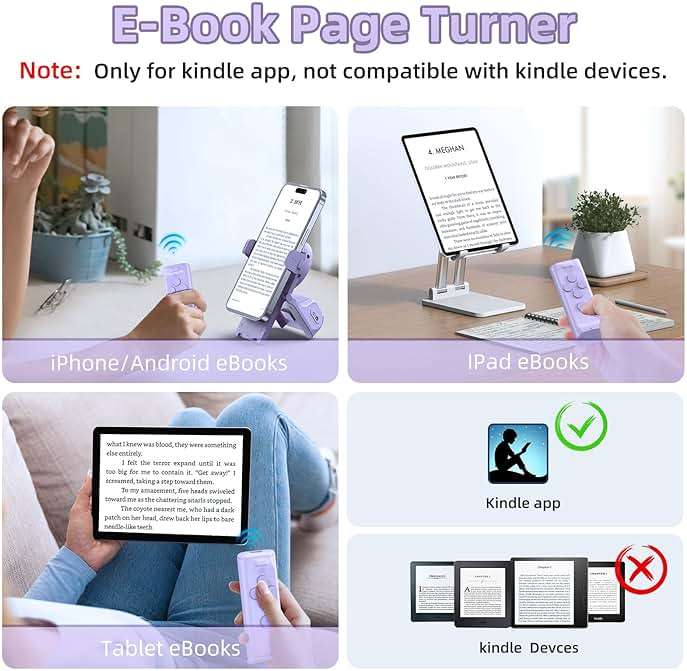 MILOUZ Remote Control Scrolling for Tiktok with Phone Stand,Page Turner for Kindle App E-Book,Bluetooth Camera Shutter Remote for iPhone, Android,iOS,iPad,Tablet (Purple) - Image 3