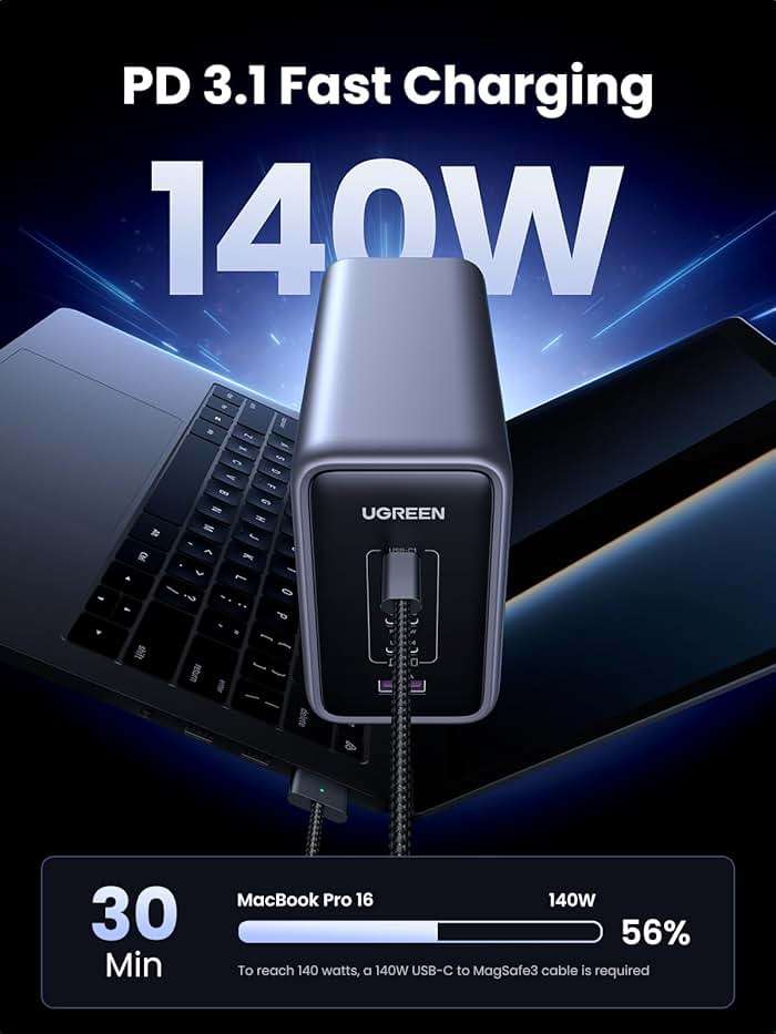 UGREEN Nexode 300W GaN Charging Station, 5-Port 140W Max Desktop Charger Compatible with MacBook Pro/Air/Neo, Dell XPS, iPhone 17/16/15, Galaxy S26/S25/S24, Pixel 10/9, iPad Air/Pro, Steam Deck - Image 3