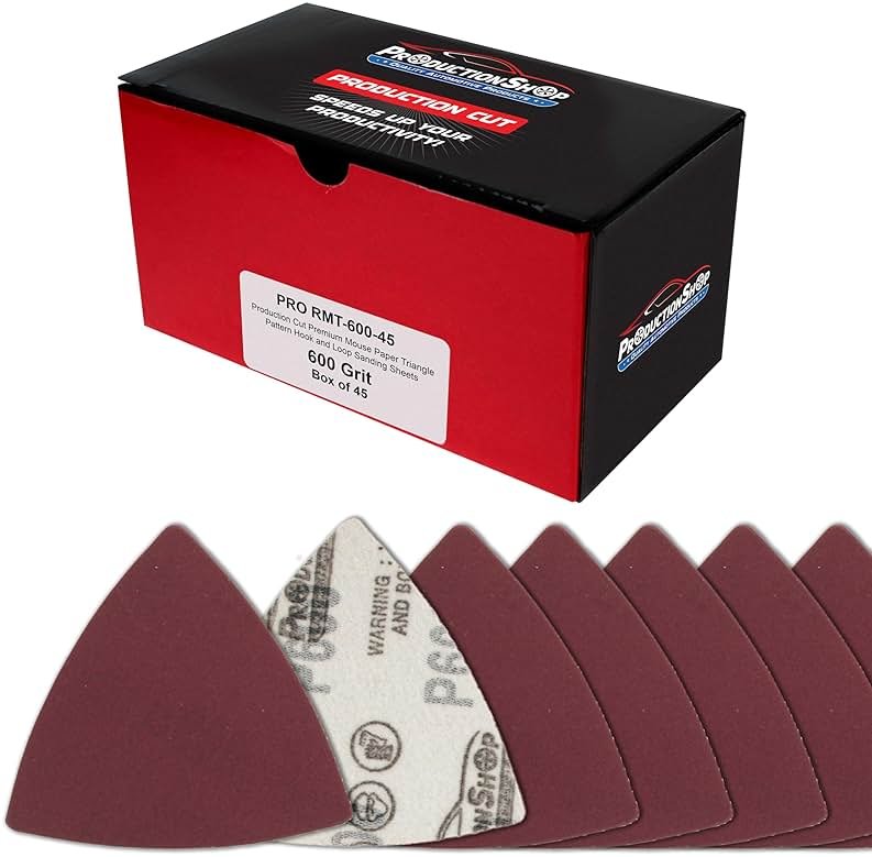 ProductionShop Premium 600 Grit Triangle Mouse Detail Sander Sandpaper Sheets, Box of 45 - Hook & Loop, Triangular Shaped Mouse Disc Pads - Oscillating Multi-Tools - Woodworking, Sand Furniture Paint - Product Image