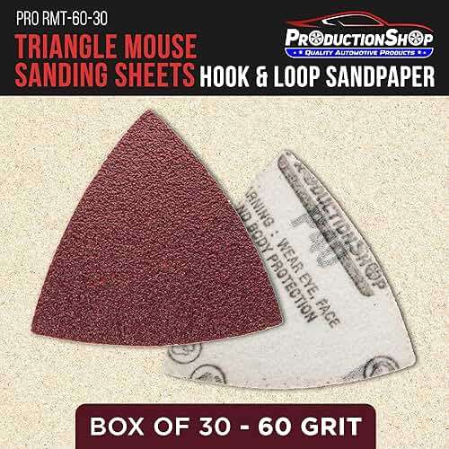 ProductionShop Premium 60 Grit Triangle Mouse Detail Sander Sandpaper Sheets, Box of 30 - Hook & Loop, Triangular Shaped Mouse Disc Pads - Oscillating Multi-Tools - Woodworking, Sand Furniture Paint - Image 2
