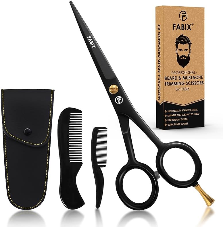 5” Professional Beard Mustache Scissors with 1 Beard Comb, 1 Mustache Comb and Travel Pouch - Perfect Beard Trimming Scissors for All Facial Hair Scissors - Grooming Scissors - Product Image