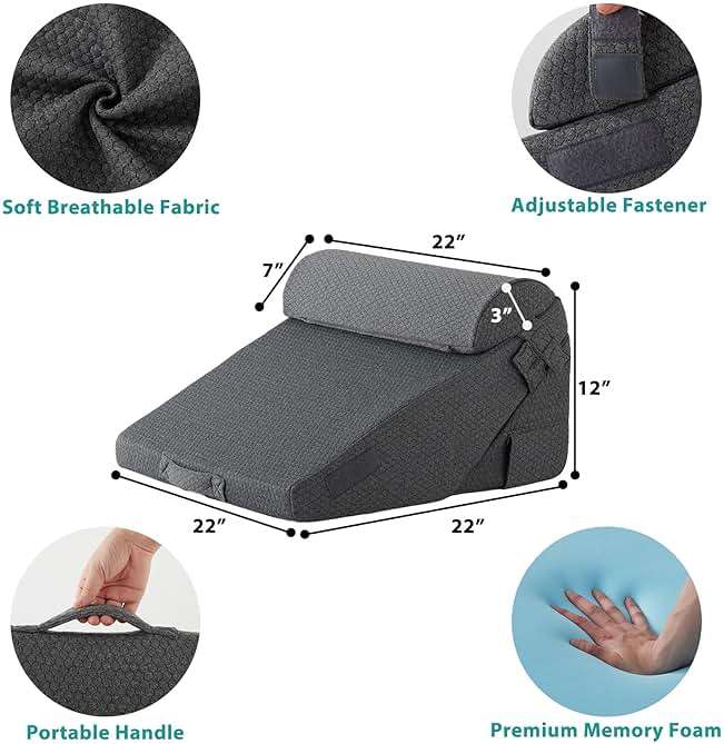 Bedluxe 3Pcs Orthopedic Bed Wedge Pillow Set, Foam Wedge Pillow Post Surgery for Back, Leg and Knee Support, Adjustable 9&12 Inch Folding Triangle Pillow for Sleeping, Acid Reflux, Snoring, Dark Grey - Image 2