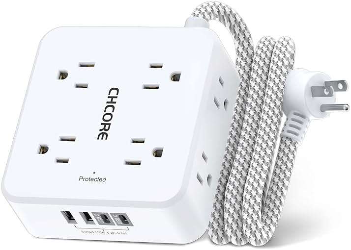 Surge Protector Power Strip - CHCORE 5Ft Braided Extension Cord with 8 Outlets with 4 USB (2 USB C) Charging Ports, Flat Plug Multi Plug Outlet Extender Charging Station for Home Office, ETL, White - Image 1