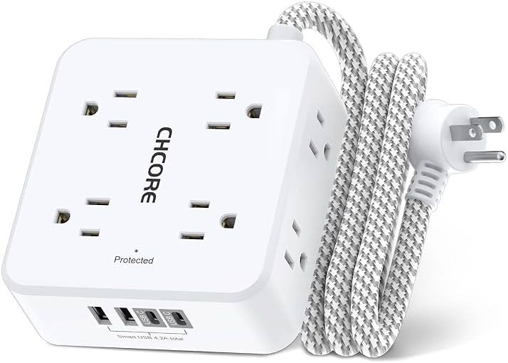 Surge Protector Power Strip - CHCORE 5Ft Braided Extension Cord with 8 Outlets with 4 USB (2 USB C) Charging Ports, Flat Plug Multi Plug Outlet Extender Charging Station for Home Office, ETL, White - Product Image