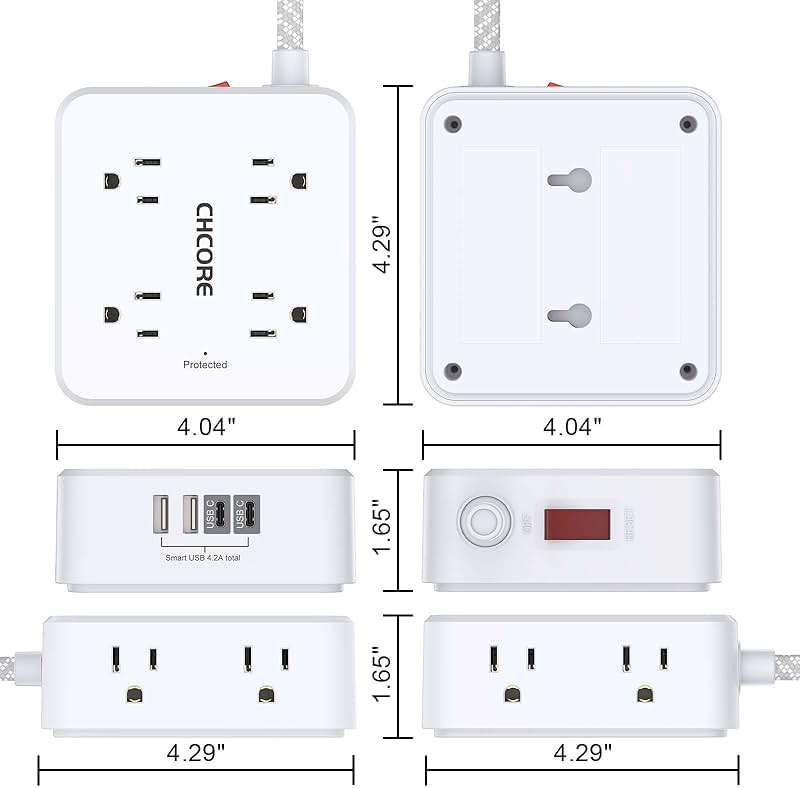 Surge Protector Power Strip - CHCORE 5Ft Braided Extension Cord with 8 Outlets with 4 USB (2 USB C) Charging Ports, Flat Plug Multi Plug Outlet Extender Charging Station for Home Office, ETL, White - Image 7
