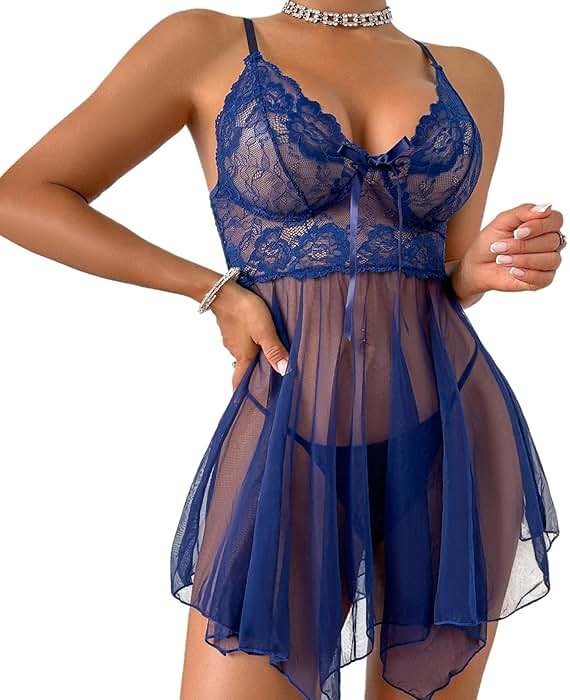 Ruzishun Women's Lingerie Sexy Lace Babydoll Dress Pajamas with Pantie Navy - Product Image