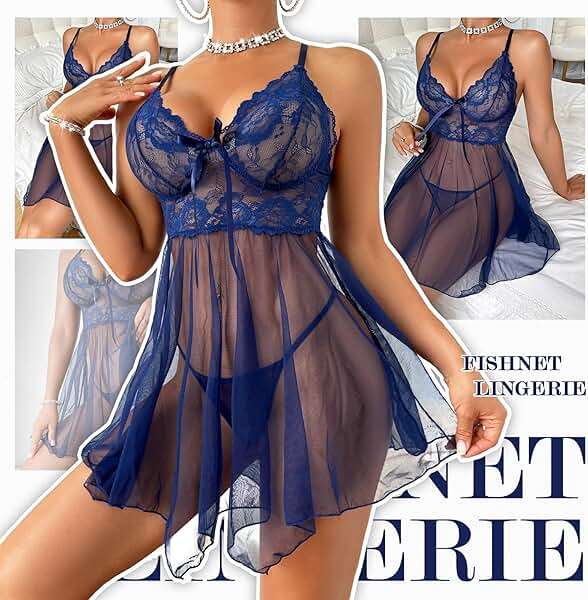 Ruzishun Women's Lingerie Sexy Lace Babydoll Dress Pajamas with Pantie Navy - Image 3