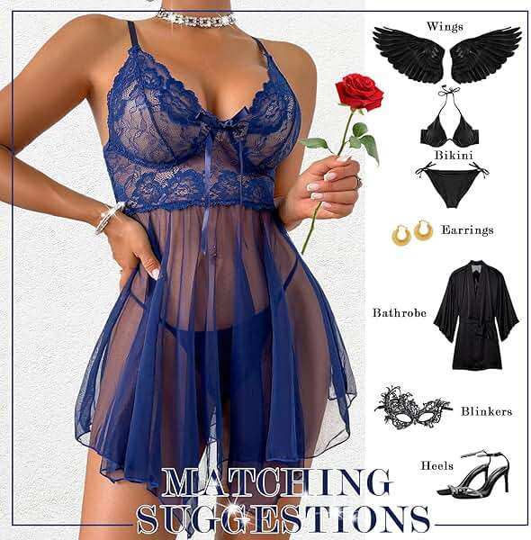 Ruzishun Women's Lingerie Sexy Lace Babydoll Dress Pajamas with Pantie Navy - Image 4