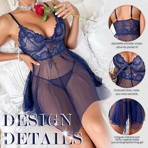 Ruzishun Women's Lingerie Sexy Lace Babydoll Dress Pajamas with Pantie Navy - Image 5