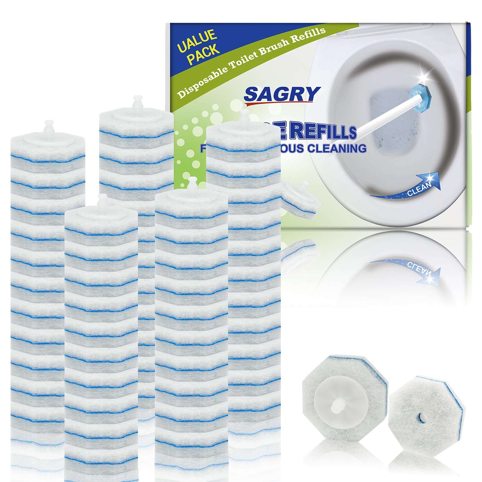 Sagry 50 Counts Disposable Toilet Bowl Wand Refills, 5X Cleaning Power Toilet Cleaner Refill Pads, Deep Cleaning, No Falling Apart, Fresh Fragrance, Compatible with Most Toilet Brushes - Image 1