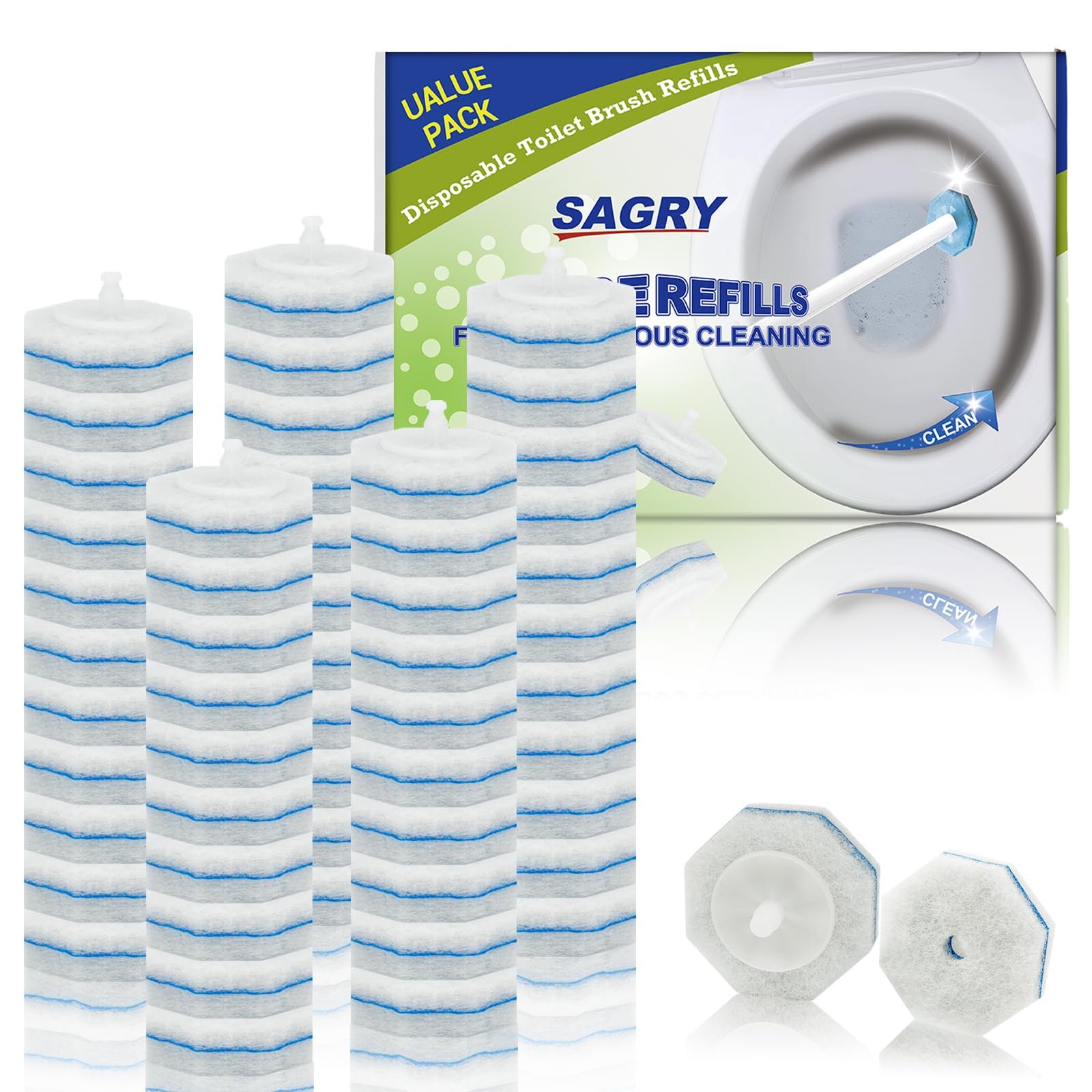 Sagry 50 Counts Disposable Toilet Bowl Wand Refills, 5X Cleaning Power Toilet Cleaner Refill Pads, Deep Cleaning, No Falling Apart, Fresh Fragrance, Compatible with Most Toilet Brushes - Product Image