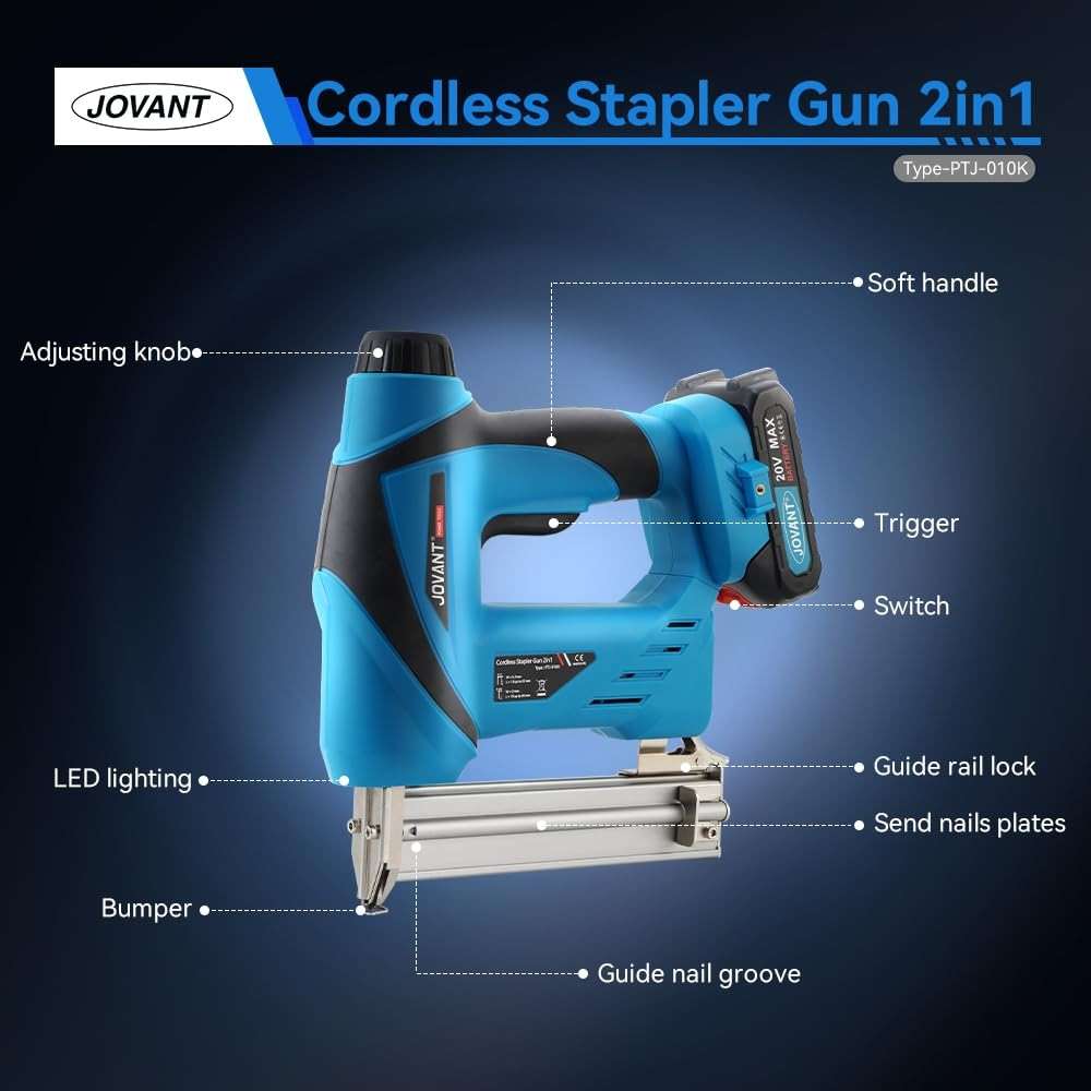 2 in 1 Nail Gun Battery Powered,Cordless Nail Gun with 800pcs Nails&Staples, Electric Nail Gun with 2×2.0Ah Batteries, Nail Gun for Woodworking Upholstery & DIY - Image 3