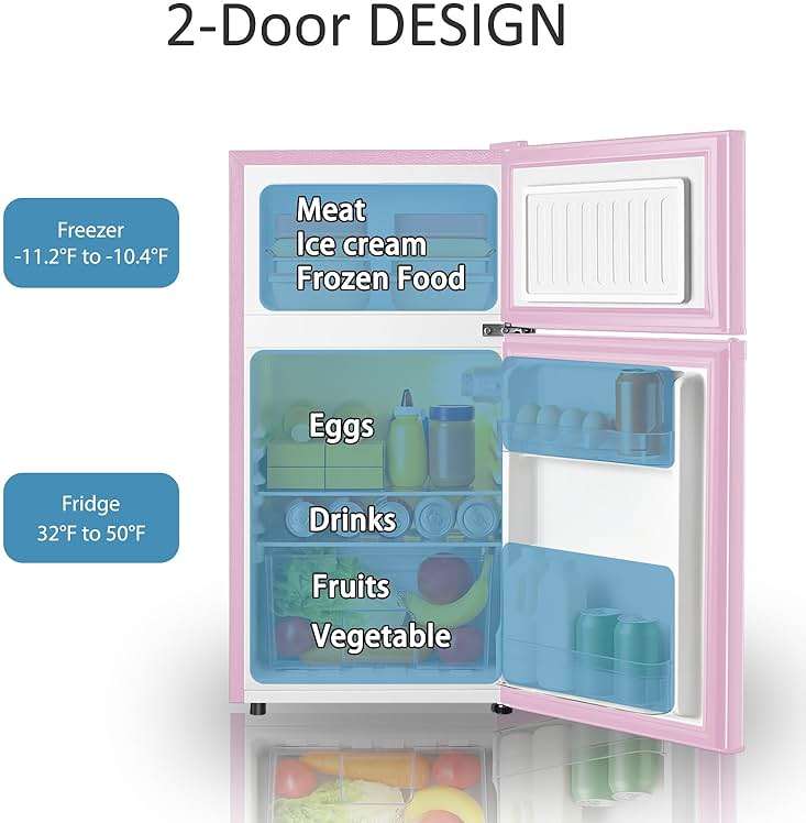 Saeoola Mini Fridge with Freezer, 3.2 Cu.Ft, 2 Doors Compact Mini Refrigerator with Separate Freezer for Dorm, Bedroom, Office, Apartment with 7-Level Temperature Control, Removable Shelves (Pink) - Image 5