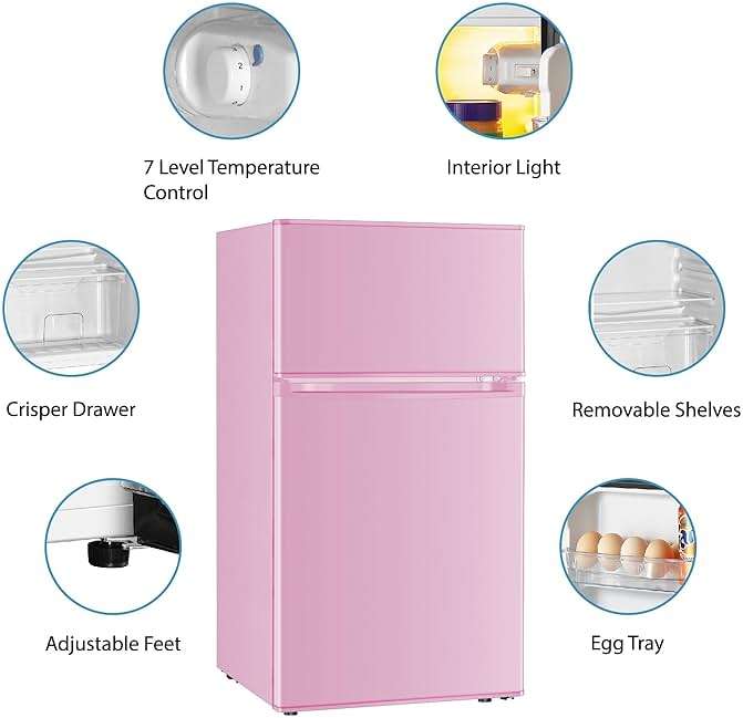 Saeoola Mini Fridge with Freezer, 3.2 Cu.Ft, 2 Doors Compact Mini Refrigerator with Separate Freezer for Dorm, Bedroom, Office, Apartment with 7-Level Temperature Control, Removable Shelves (Pink) - Image 6
