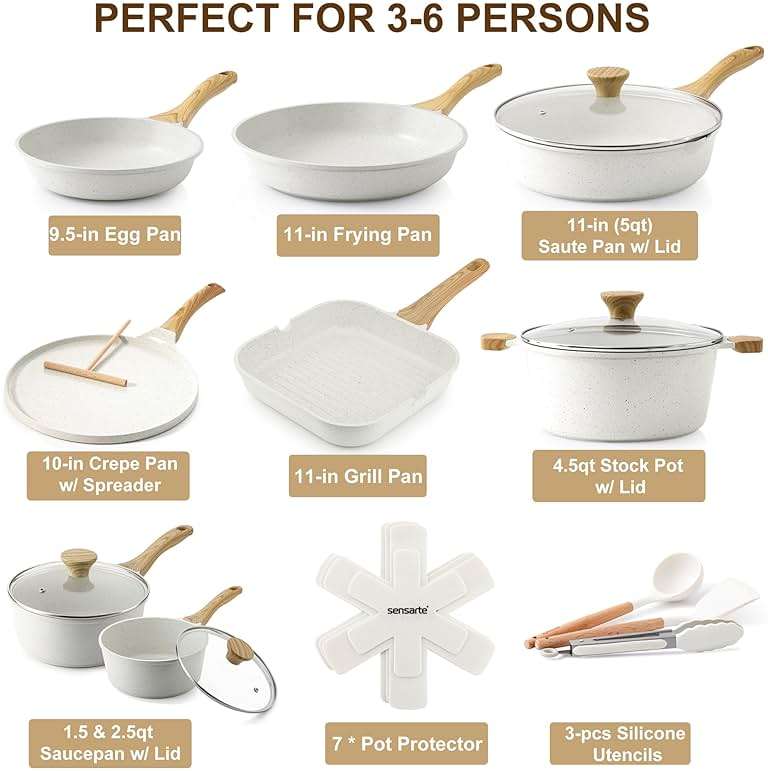 SENSARTE Nonstick Ceramic Cookware Set 23-Piece, Healthy Pots and Pans Set, Non-toxic Kitchen Cooking Set with Stay-Cool Handles, Silicone Utensils and Pot Protectors, PFAS & PFOA Free - Image 3
