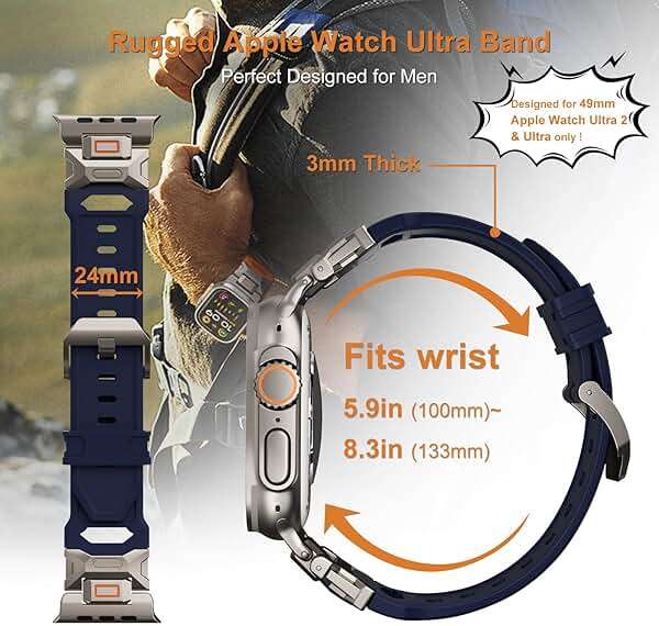 FUNSTONE Sport Band for Apple Watch Ultra 2 & Ultra 49mm, FKM Rugged Ultra 2 Watch Bands for Men, Waterproof Apple Watch Wristband with Metal Connector, Men's Military Sport iWatch Replacement Strap - Image 4