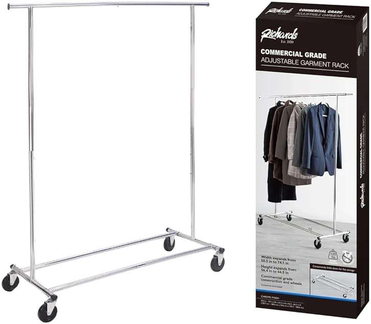 J&V TEXTILES Adjustable Rolling Garment Rack, 50.5 to 74.1 L x 21.5 W x 56.4 to 66.5-Inch H - Image 1