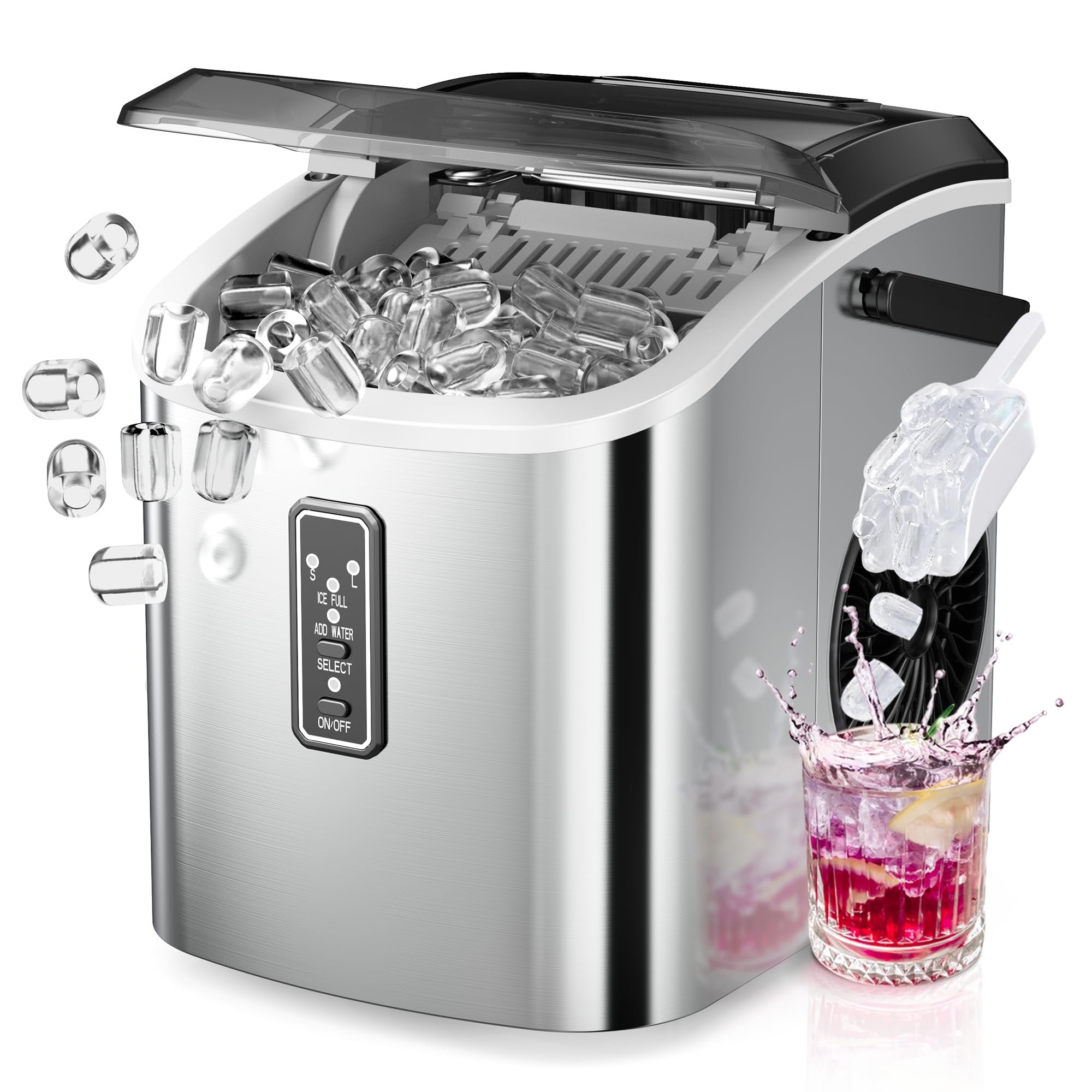 EUHOMY Ice Maker Countertop, 9 Cubes Ready in 6 Mins, 26lbs/24H, Self-Cleaning, Portable Ice Maker Machine with Carry Handle, Basket and Scoop, 2 Sizes of Bullet Ice for Home, Kitchen, Office - Product Image