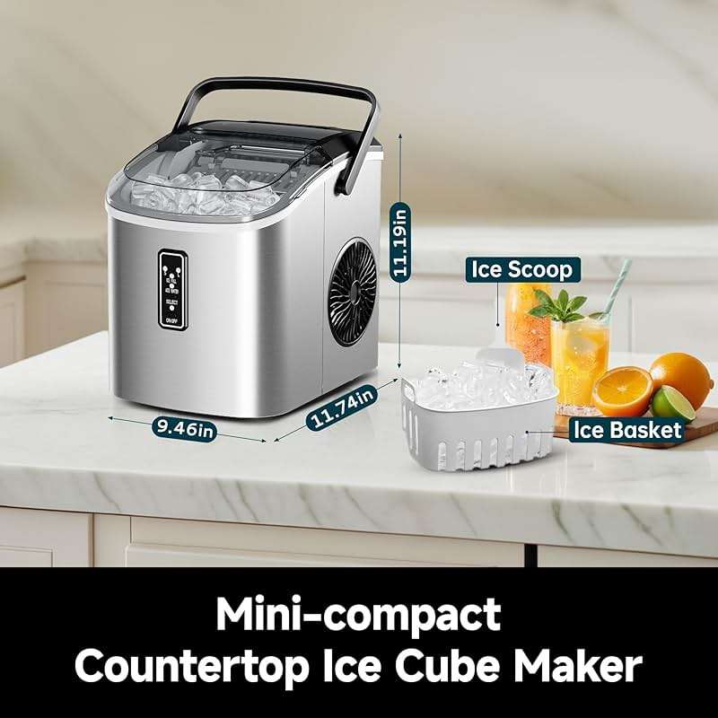 EUHOMY Ice Maker Countertop, 9 Cubes Ready in 6 Mins, 26lbs/24H, Self-Cleaning, Portable Ice Maker Machine with Carry Handle, Basket and Scoop, 2 Sizes of Bullet Ice for Home, Kitchen, Office - Image 3
