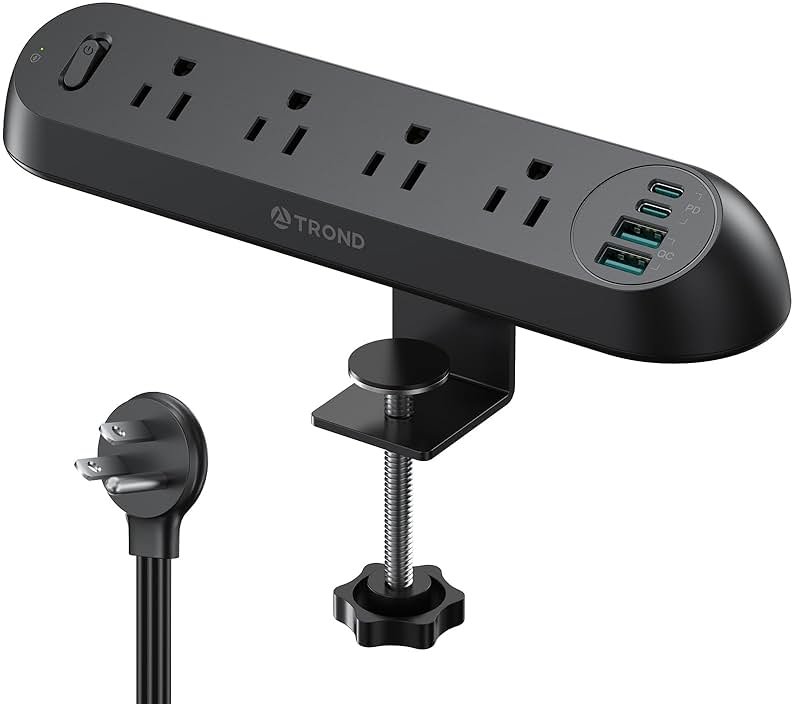 TROND Desk Clamp Power Strip USB C PD 20W- Surge Protector with 4 AC Outlets 4 USB Ports, Flat Plug 6ft Extension Cord, 1700J, ETL Listed, Fits 1.97 in Tabletop Edge, for Home Office Desk Accessories - Product Image