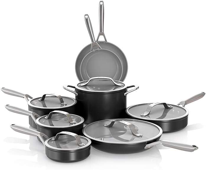 Ninja Ceramic Pro 14-Piece Cookware Set, Non-Stick Pots & Pans Set with Glass Lids, Nontoxic, PTFE Free, Ceramic Coated, Oven Safe, All Stovetops & Induction Compatible, Black, CW39014BK - Image 1