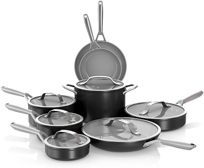 Ninja Ceramic Pro 14-Piece Cookware Set, Non-Stick Pots & Pans Set with Glass Lids, Nontoxic, PTFE Free, Ceramic Coated, Oven Safe, All Stovetops & Induction Compatible, Black, CW39014BK - Product Image