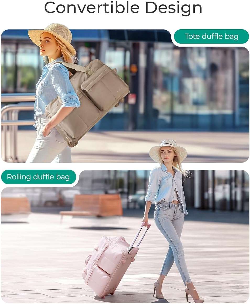 BAGSMART Rolling Duffle Bag with Wheels, Carry On Bag Duffel Bag for Travel, Wet Pocket Duffle with Wheels and Handle, Pink, 42L - Image 4