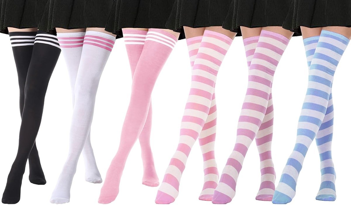 DRESHOW 6 Pairs High Thigh Socks Striped Over Knee Thin Tights Long Stocking for Women Leg Warmer - Product Image