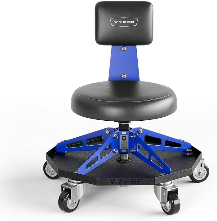 Vyper Robust Steel Sport Shop Chair for Mechanics, Automotive, DIY - 300 lb Capacity Garage Stool with Backrest & Large Wheels (Black Seat, Blue Frame) - Product Image