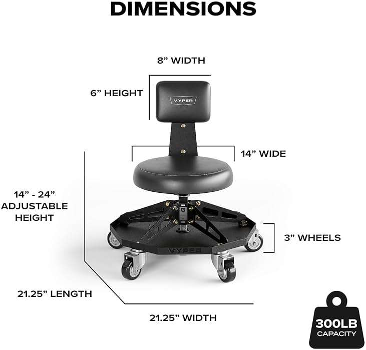 Vyper Robust Steel Sport Shop Chair for Mechanics, Automotive, DIY - 300 lb Capacity Garage Stool with Backrest & Large Wheels (Black Seat, Blue Frame) - Image 2