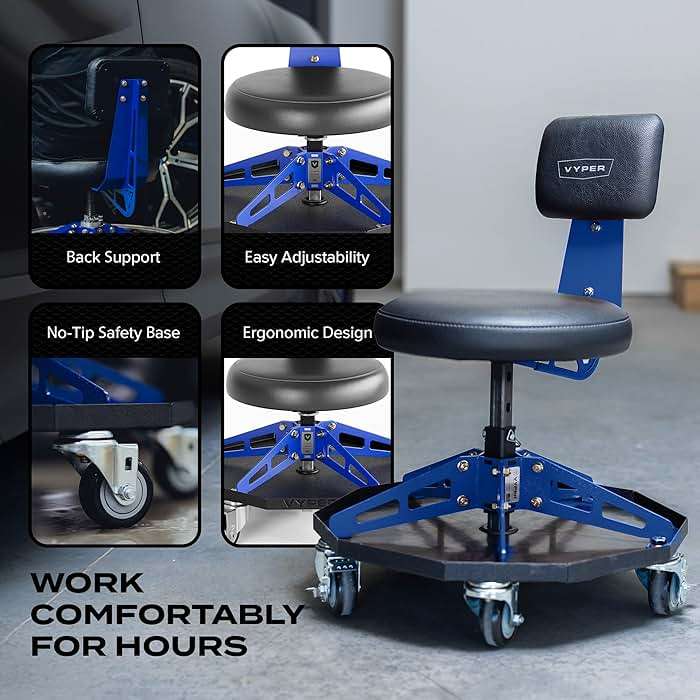 Vyper Robust Steel Sport Shop Chair for Mechanics, Automotive, DIY - 300 lb Capacity Garage Stool with Backrest & Large Wheels (Black Seat, Blue Frame) - Image 4