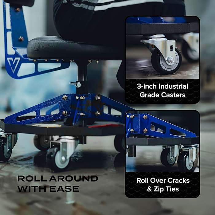 Vyper Robust Steel Sport Shop Chair for Mechanics, Automotive, DIY - 300 lb Capacity Garage Stool with Backrest & Large Wheels (Black Seat, Blue Frame) - Image 5