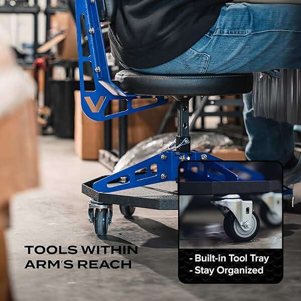 Vyper Robust Steel Sport Shop Chair for Mechanics, Automotive, DIY - 300 lb Capacity Garage Stool with Backrest & Large Wheels (Black Seat, Blue Frame) - Image 6