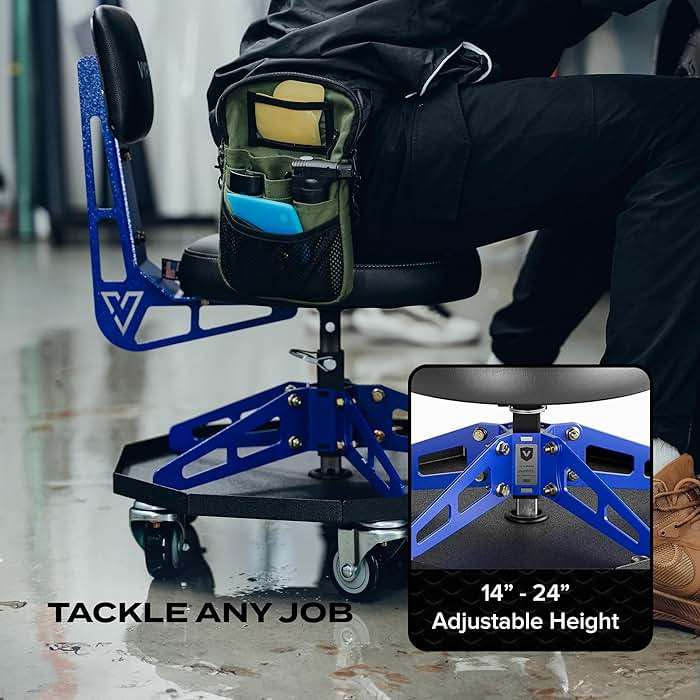 Vyper Robust Steel Sport Shop Chair for Mechanics, Automotive, DIY - 300 lb Capacity Garage Stool with Backrest & Large Wheels (Black Seat, Blue Frame) - Image 7