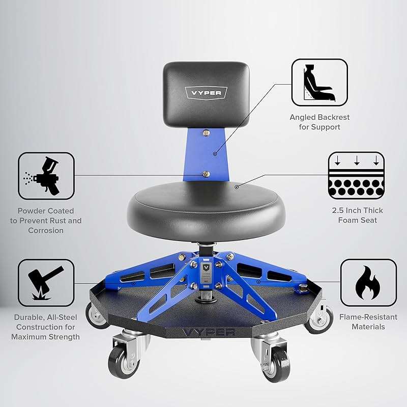 Vyper Robust Steel Sport Shop Chair for Mechanics, Automotive, DIY - 300 lb Capacity Garage Stool with Backrest & Large Wheels (Black Seat, Blue Frame) - Image 8