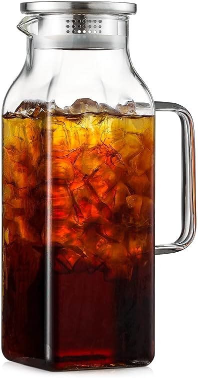 2 Quart (2 Liter 68 oz) Square Glass Pitcher with Lid and Spout, Water Pitchers with Handle for Fridge, Borosilicate Glass Carafe for Hot/Cold Drink, Large Jug for Iced Tea, Coffee,Juice,Milk,Beverage - Product Image