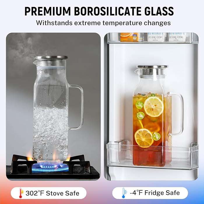 2 Quart (2 Liter 68 oz) Square Glass Pitcher with Lid and Spout, Water Pitchers with Handle for Fridge, Borosilicate Glass Carafe for Hot/Cold Drink, Large Jug for Iced Tea, Coffee,Juice,Milk,Beverage - Image 6