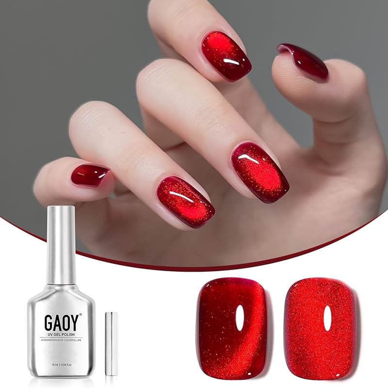 GAOY Red Cat Eye Gel Nail Polish, 16ml Glitter Holographic Nail Polish with Magnet, Reflective Translucent UV Gel, 2907 Ruby Twilight - Product Image
