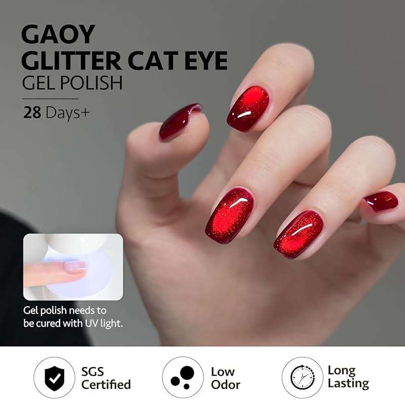 GAOY Red Cat Eye Gel Nail Polish, 16ml Glitter Holographic Nail Polish with Magnet, Reflective Translucent UV Gel, 2907 Ruby Twilight - Image 5