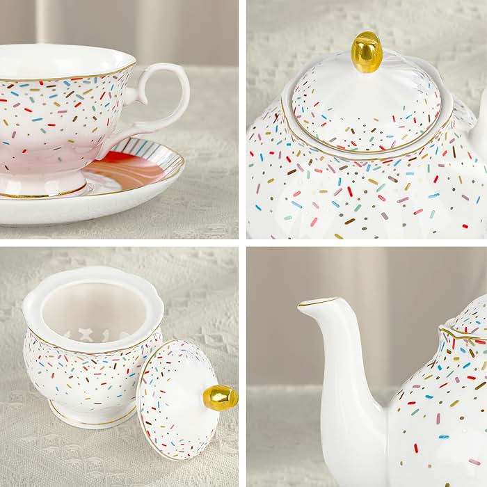 fanquare 21-Piece Colorful British Porcelain Tea Sets, 6 Cups and Saucers Set for Party, Rainbow Sprinkle Sugar Pattern Coffee Set for Adults, Birthday, Holiday, Celebrations - Image 4