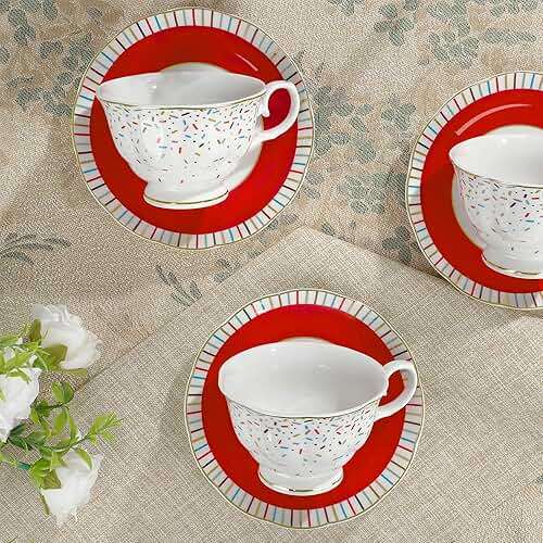 fanquare 21-Piece Colorful British Porcelain Tea Sets, 6 Cups and Saucers Set for Party, Rainbow Sprinkle Sugar Pattern Coffee Set for Adults, Birthday, Holiday, Celebrations - Image 6