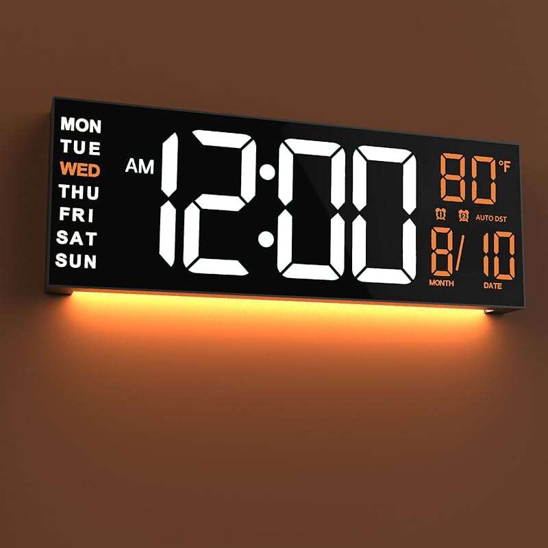 JALL 16" Large Digital Wall Mount Clock, Count Down Timer, Alarm, Big LED, RGB Color, DST, Temperature for Living Room Classroom Desk, Xmas, Birthday Gift for Senior Mom Dad (White Orange, 16 inches) - Image 2